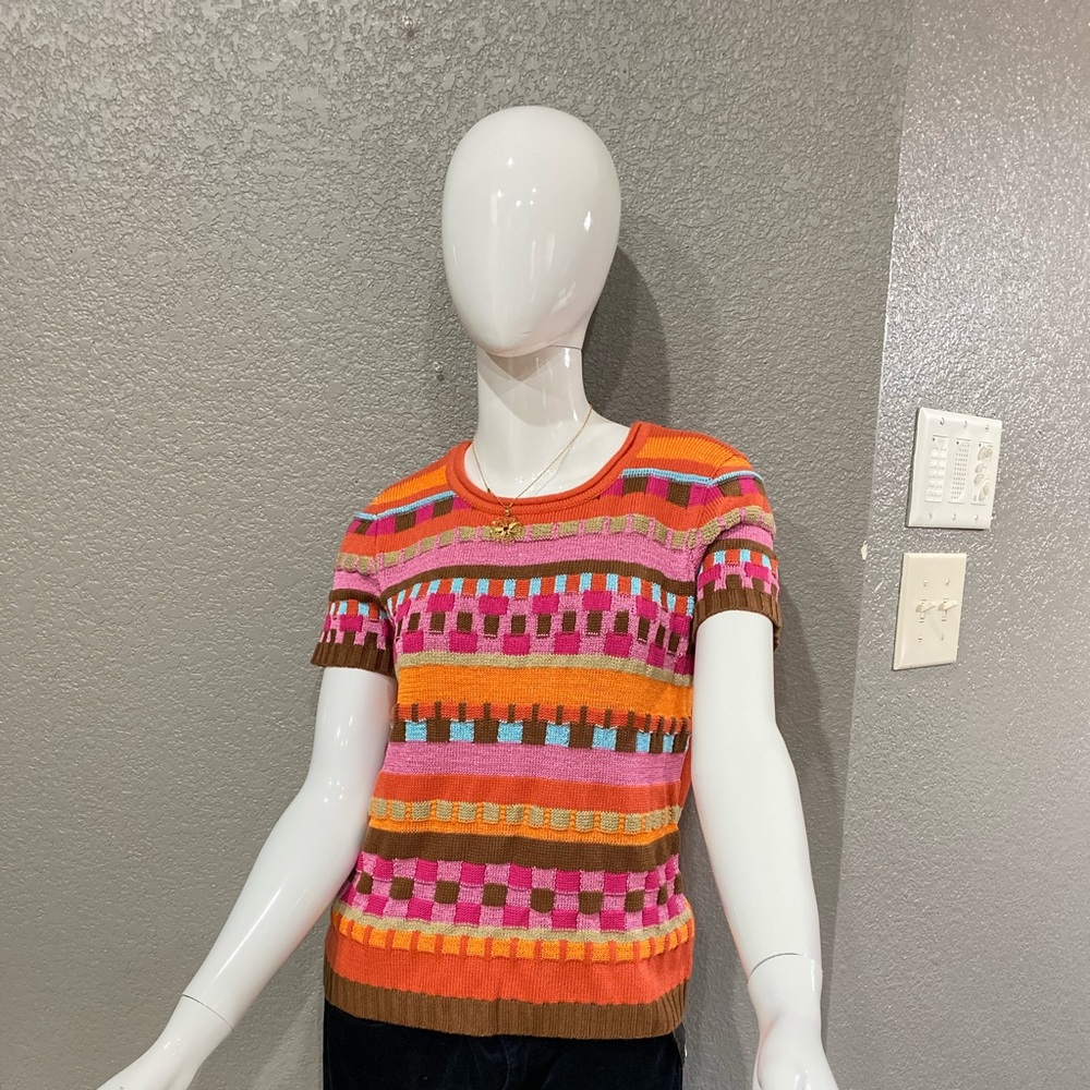 Colorful mosaic knit top short sleeve top size medium